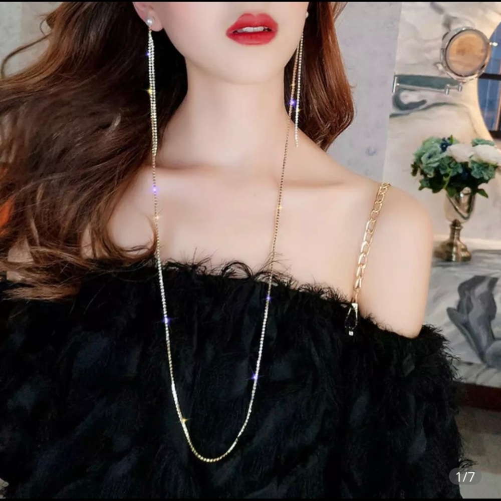 Gorgeous Chic Extra Long Hanging Crystal Zircon Faux Pearl Earrings Jewelry